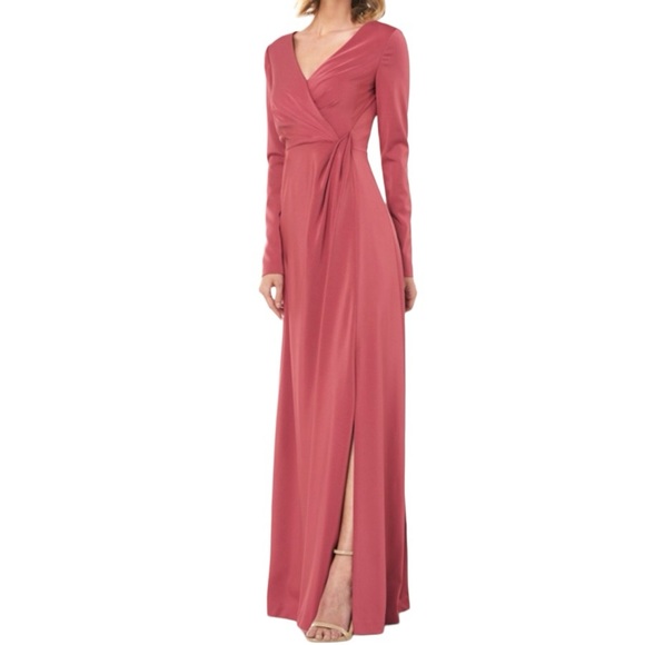 KAY UNGER Adelina Draped Wrap High Cut Slit Long Sleeve Gown Dress, Rose, Size 6 - Picture 4 of 5